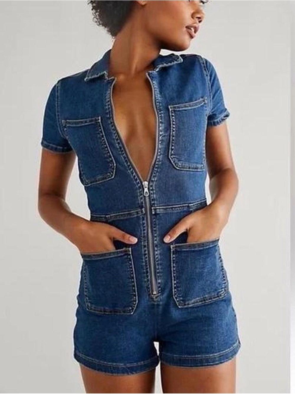 Free People Denim Zip-Front Short Romper - Blue